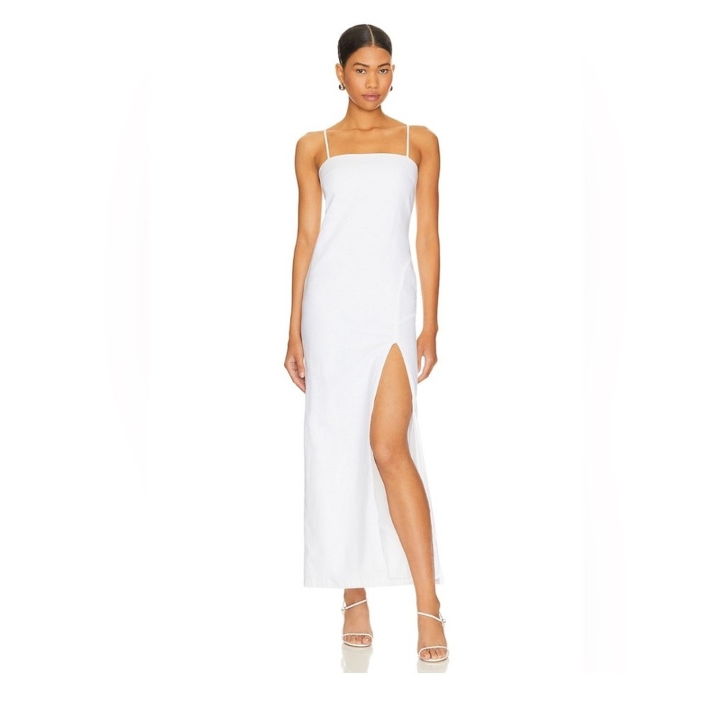SNDYS Palmer Maxi Dress White Linen Square Neck Side Slit‎ Size Small